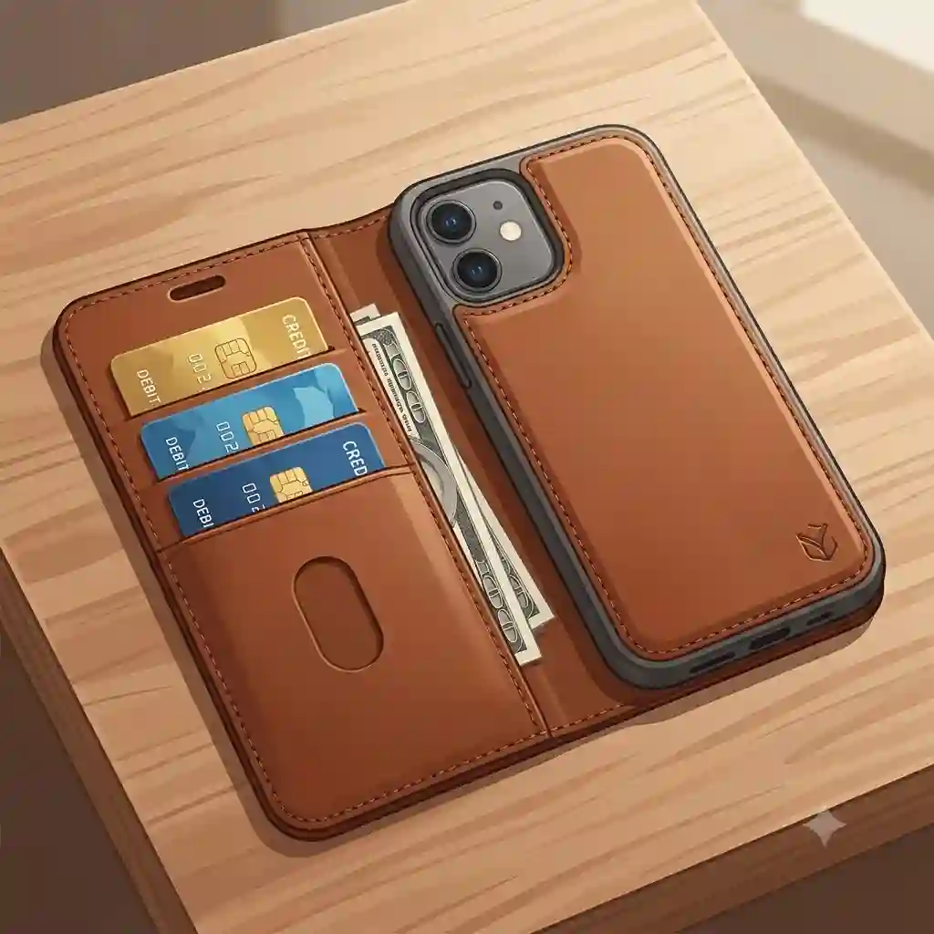 Premium phone wallet case iphone holding credit cards and cash on a wooden table.