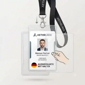 An exploded view infographic showing an identity badge inserting into a durable id card with holder.
