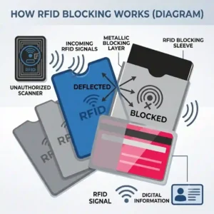 Infographic showing how metallic lining inside rfid sleeves deflects radio frequency signals from unauthorized scanners