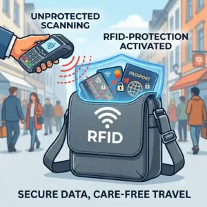 An infographic illustrating how an RFID bag blocks unauthorized scanning signals from reaching credit cards and passports.