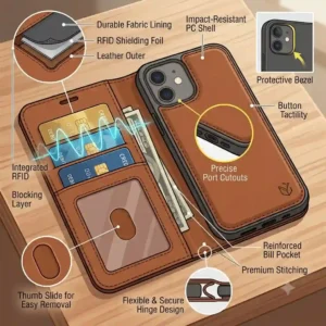 Diagram showing the internal structure and card slot features of a durable phone wallet case iphone.