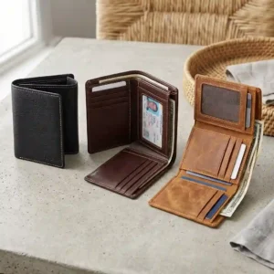 Top-down view of closed black and brown leather tri fold wallets for men showcasing compact design.