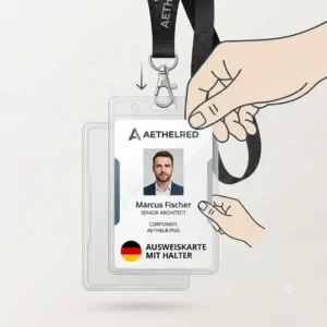 Graphic illustration of an office worker tapping their id card with holder against a security card reader.