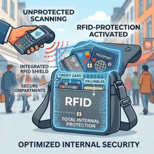 A commuter wearing a crossbody RFID bag while walking through a crowded subway station to prevent electronic pickpocketing.