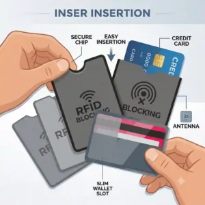 Close-up of a contactless credit card being slipped into a slim rfid blocking sleeve before storing in a wallet