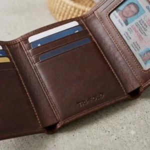 The open interior layout of tri fold wallets for men showing multiple card slots and an ID window.