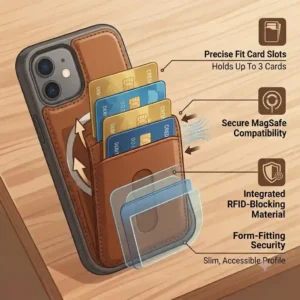 Illustration demonstrating an iPhone in a slim phone wallet case iphone snapping onto a wireless charger.