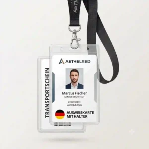 Product illustration showing a double-sided id card with holder displaying a work badge and a transit pass.