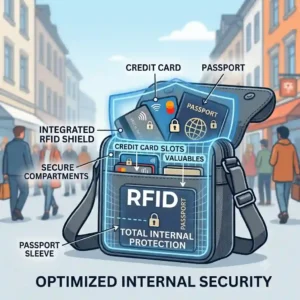 Close-up view of the interior slots of an RFID bag specifically designed to secure credit cards and biometric passports.