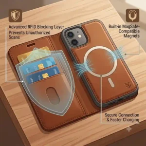 Graphic illustrating RFID blocking technology protecting credit cards inside a phone wallet case iphone.