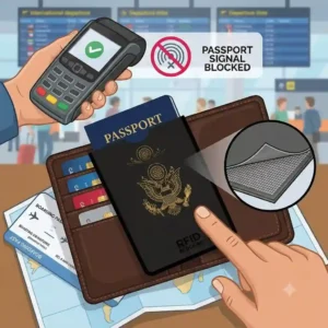 A United States passport inside a heavy-duty rfid passport sleeve placed alongside travel essentials.