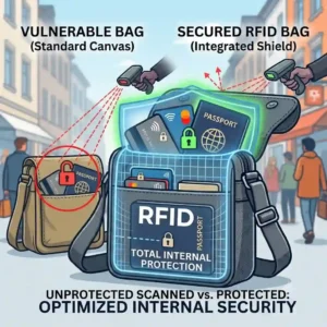 A modern women's RFID bag styled as a fashionable shoulder purse, blending security with everyday aesthetics.