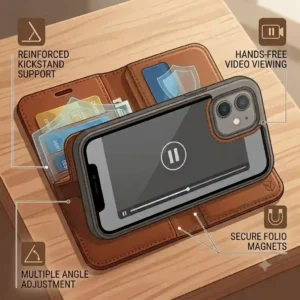 Illustration of a phone wallet case iphone propped up horizontally in kickstand mode for video viewing.