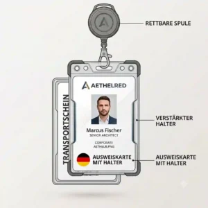 Technical illustration of a heavy-duty rigid id card with holder attached to a retractable badge reel.
