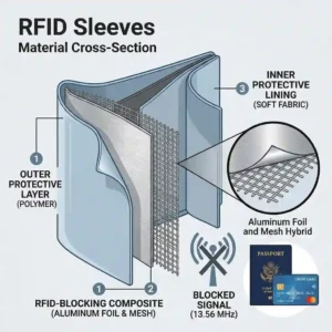 Detailed layer breakdown of a durable rfid blocking sleeve featuring aluminum composite and protective coating.