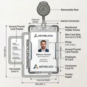 A size guide diagram displaying standard dimensions for a vertical and horizontal id card with holder.