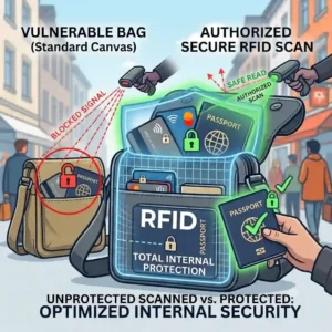 A professional leather RFID bag containing a laptop, tablet, and protected wallet slots for business travel.