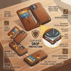 Line art illustration highlighting the shockproof corners and screen protection of a phone wallet case iphone.