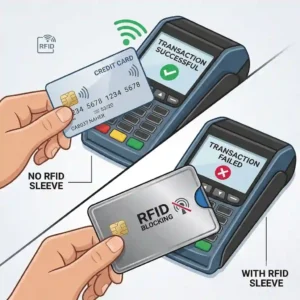 A contactless payment card inside an rfid sleeve being held against a POS terminal to test signal interference.