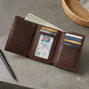 A macro close-up shot highlighting the detailed stitching and premium materials used in tri fold wallets for men.