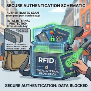 A diagram comparing a standard backpack being scanned by a hacker versus an RFID bag successfully shielding data.