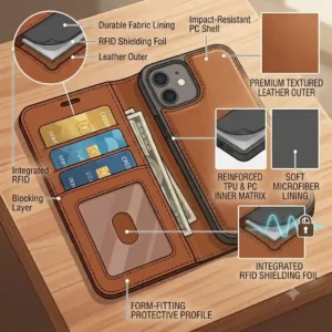 A lineup of stylish phone wallet case iphone options available in various colors and finishes.