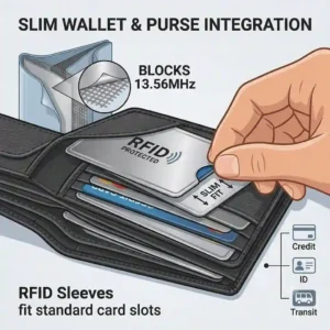 Credit cards protected by thin rfid sleeves fitted into standard card slots of a brown leather wallet.