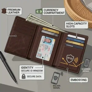 A person casually sliding one of the tri fold wallets for men into the back pocket of blue jeans.