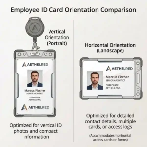 Comparison chart illustration displaying the vertical and horizontal orientations of an id card with holder.