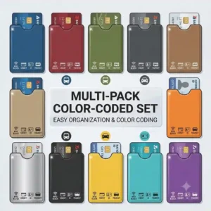 A multi-pack set of color-coded rfid sleeves for easy organization of credit cards, IDs, and transit cards.