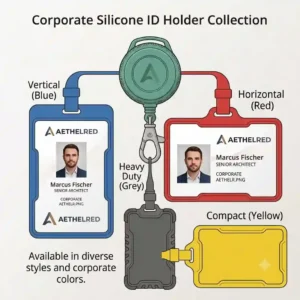 A collection of colorful silicone and plastic id card with holder choices for corporate branding.