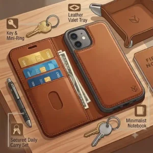 Flat lay illustration showing a phone wallet case iphone alongside everyday carry items like keys and a notebook.