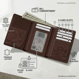 One of our signature tri fold wallets for men presented neatly inside an elegant black gift box.